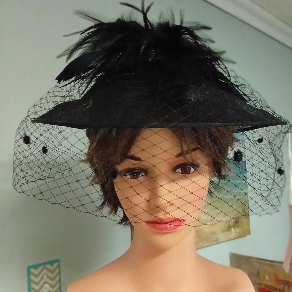 Elegant Black Feathered Hat with Veil